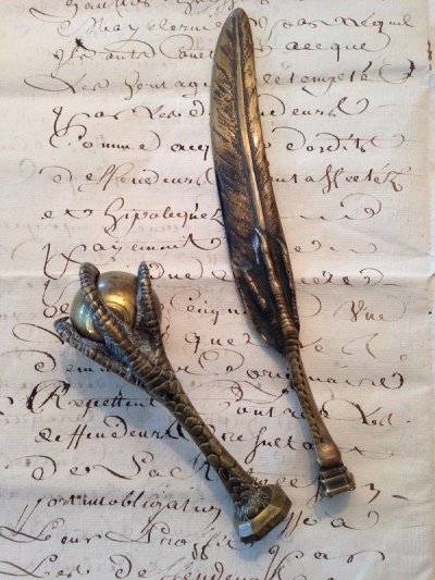 画像1: フランス　アンティーク　鳥の羽根　ペーパーナイフ　シール（印章）