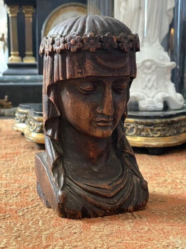 画像1: 19世紀 フランス アンティーク 聖母マリア ／花冠の聖女  木彫像  ネオゴシック様式 ロマン主義 (1)